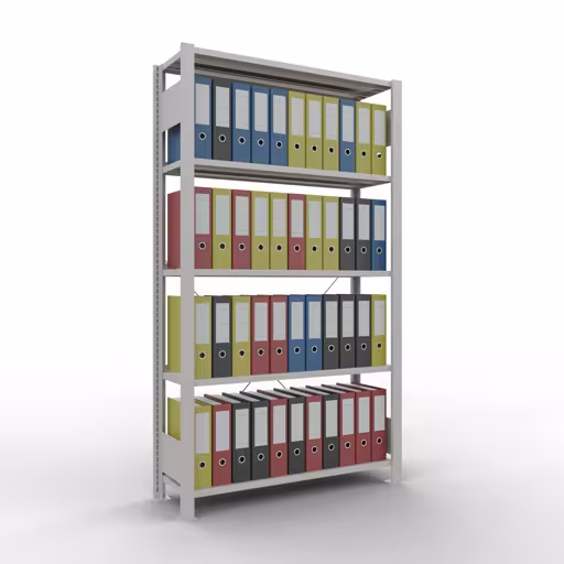 Productafbeelding nr. 17 van het artikel basisplank, kantoorplank, insteeksysteem MULTIplus85, 1800 x 1000 x 300 mm, 5 planken, kruisschoor, met aanslaglijst, lichtgrijs Figuur nr. 17 van het artikel, kantoorreksysteem MULTIplus85, 1800 x 1000 x 300 mm, 5 planken, met stoplijst, lichtgrijs uit de productgroep kantoorrekken van Schulte Lagertechnik.