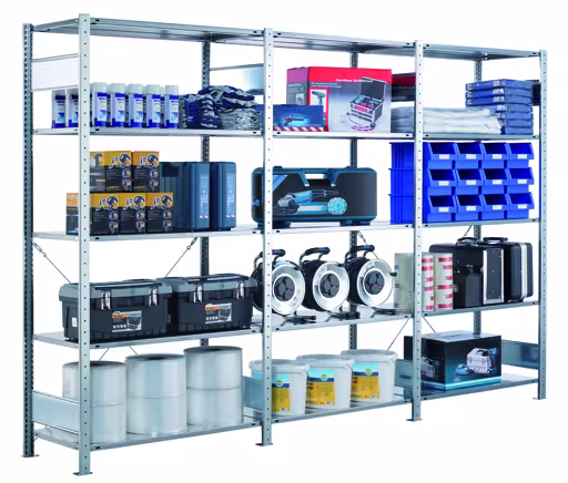 Aanbouwrek, stelling, insteeksysteem MULTIplus85, 2500 x 1000 x 600 mm, 6 legborden, RAL 5010 gentiaanblauw van het merk Schulte Lagertechnik uit het assortiment insteeksysteem