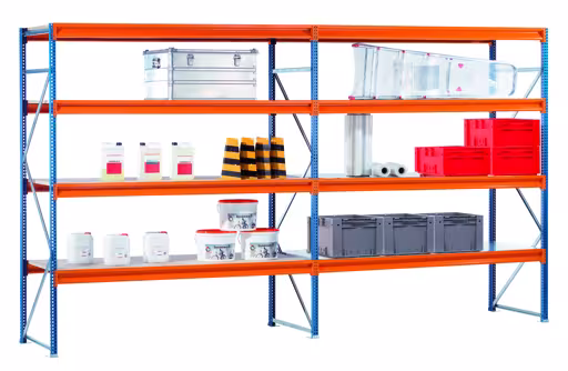 Aanbouwstelling, breedvakstelling met stalen panelen B 100, 2500 x 2140 x 1000 mm, blauw/oranje/verzinkt, 4 niveaus, vakbelasting 899 kg van Schulte Lagertechnik Aanbouwstelling, breedvakstelling met stalen panelen B 100, 2500 x 2140 x 1000 mm, blauw/oranje/verzinkt, 4 niveaus, vakbelasting 899 kg, W100 voor vakbelasting tot 1050 kg, art.nr. 19632