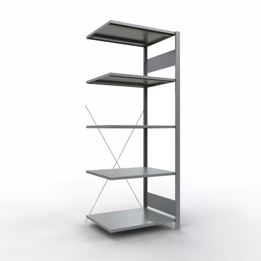 Aanbouwrekken, legborden, insteeksysteem MULTIplus150, 2000 x 750 x 600 mm (HxBxD), 5 legborden, kruisschoor, verzinkt, aanbouwplank, art.nr. 12765-75