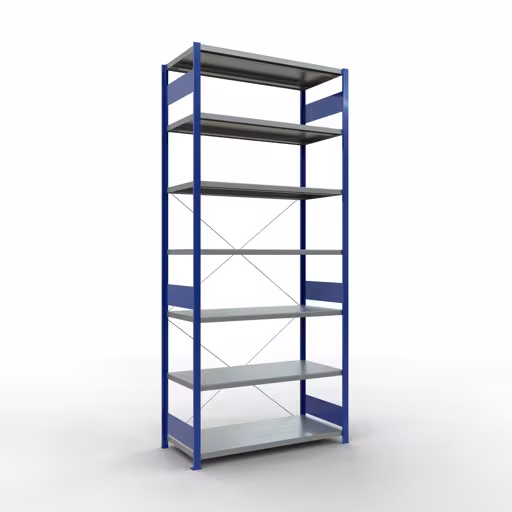Figuur nr. 14 van het artikel basisrek, legbord, insteeksysteem MULTIplus250, 3000 x 1300 x 600 mm, 7 legborden, kruisschoor, RAL 5010 gentiaanblauw/verzinkt uit de insteeksysteem productgroep van Schulte Lagertechnik.
