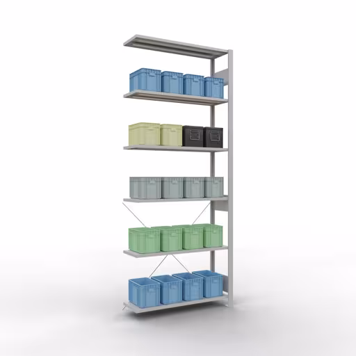 Productafbeelding nr. 14 van het artikel Aanbouwrekken, legbordstellingen, insteeksysteem MULTIplus150, 2500 x 1000 x 300 mm (HxBxD), 6 legborden, kruisschoor, RAL 7035 lichtgrijs Figuur nr. 14 van het artikel aanbouwrekken, legbordstellingen, insteeksysteem MULTIplus150, 2500 x 1000 x 300 mm, 6 legborden, kruisschoor, RAL 7035 lichtgrijs uit de insteeksysteem productgroep van Schulte Lagertechnik.