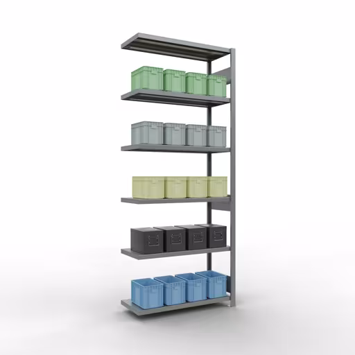 Figuur nr. 15 van het artikel aanbouwrekken, legbordstellingen, insteeksysteem MULTIplus250, 2500 x 1000 x 400 mm, 6 legborden, lengtestangen, verzinkt uit de productgroep insteeksysteem van Schulte Lagertechnik.