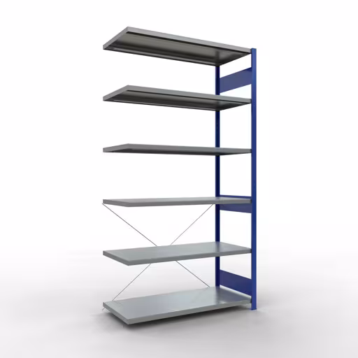 Aanbouwrek, stelling MULTIplus250 insteeksysteem, 2500 x 1300 x 600 mm (HxBxD), 6 legborden, kruisschoor, RAL 5010 gentiaanblauw/gegalvaniseerd van Schulte Lagertechnik Aanbouwrekken, rekken, insteeksysteem MULTIplus250, 2500 x 1300 x 600 mm (HxBxD), 6 legborden, kruisschoor, RAL 5010 gentiaanblauw/verzinkt, aanbouwplank, art.nr. 12966-130-B