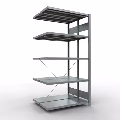 Aanbouwrekken, dubbele rekken, stellingsysteem MULTIplus250, 2000 x 1000 x (2x400) mm (HxBxD), 2x5 planken, kruisschoor, gegalvaniseerd van Schulte Lagertechnik Aanbouwplank, dubbele plank, stellingsysteem MULTIplus250, 2000 x 1000 x (2x400) mm (HxBxD), 2x5 legborden, kruisschoor, verzinkt, dubbele legborden, art.nr. 14245-A