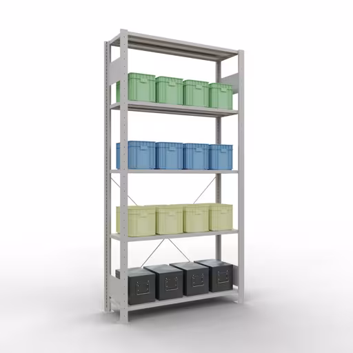 Basisplank, legplank, insteeksysteem MULTIplus150, 2000 x 1000 x 300 mm (HxBxD), 5 legborden, kruisschoor, RAL 7035 lichtgrijs uit de categorie basisplanken met de GTIN 4004514203687 Basisplank, legbord, insteeksysteem MULTIplus150, 2000 x 1000 x 300 mm, 5 planken, kruisschoor, RAL 7035 lichtgrijs van Schulte Lagertechnik uit het assortiment insteeksysteem