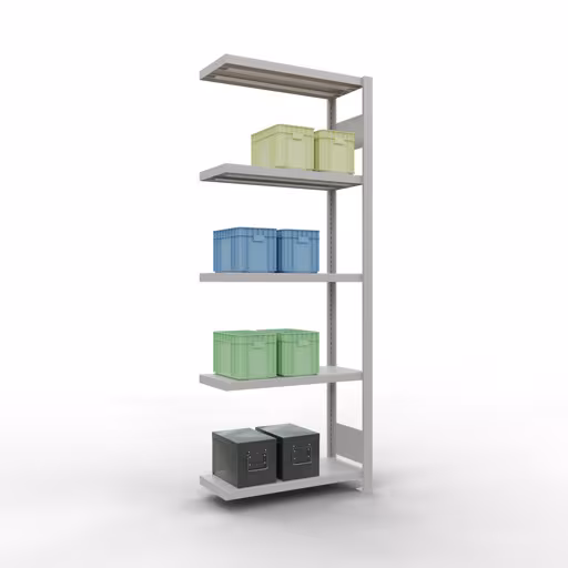 Aanbouwrek, stelling, insteeksysteem MULTIplus250, 2000 x 750 x 300 mm, 5 legborden, lengtestangen, RAL 7035 lichtgrijs van Schulte Lagertechnik uit het assortiment insteeksysteem