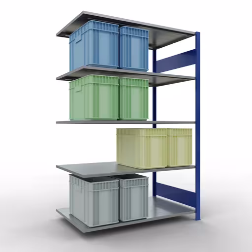 Extra afbeelding van het artikel Aanbouwplank, legplank, insteeksysteem MULTIplus150, 2000 x 1300 x 800 mm, 5 legborden, lengtestang, RAL 5010 gentiaanblauw/verzinkt vanaf opzetplank