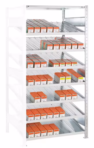 Aanbouwplank, Kanban, 2000x1300x500 mm, met verdeler en zijgeleiders, 8 planken van Schulte Lagertechnik Aanbouwplank, Kanban, 2000x1300x500 mm, met verdeler en zijgeleider, 8 planken, Kanban-planken, art.nr. 13641-130
