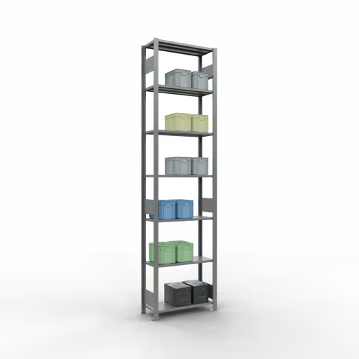 Basisplank, legbord, insteeksysteem MULTIplus150, 3000 x 750 x 300 mm (HxBxD), 7 legborden, lengtestangen, verzinkt met artikelnr. 12732-75-LR Basisplank, legbord, insteeksysteem MULTIplus150, 3000 x 750 x 300 mm, 7 legborden, verzinkt van Schulte Lagertechnik uit de categorie insteeksysteem