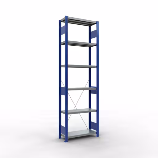 Basisplank, legplank, insteeksysteem MULTIplus250, 2500 x 750 x 300 mm (HxBxD), 6 legborden, kruisschoor, RAL 5010 gentiaanblauw/verzinkt/verzinkt, basisplank, art.nr. 12931-75-B