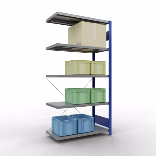 Afbeelding nr. 7 van het artikel aanbouwrekken, legbordstellingen, insteeksysteem MULTIplus330, 2000 x 1000 x 500 mm (HxBxD), 5 legborden, kruisschoor, RAL 5010 gentiaanblauw/verzinkt uit de productgroep insteeksysteem van het merk Schulte Lagertechnik.