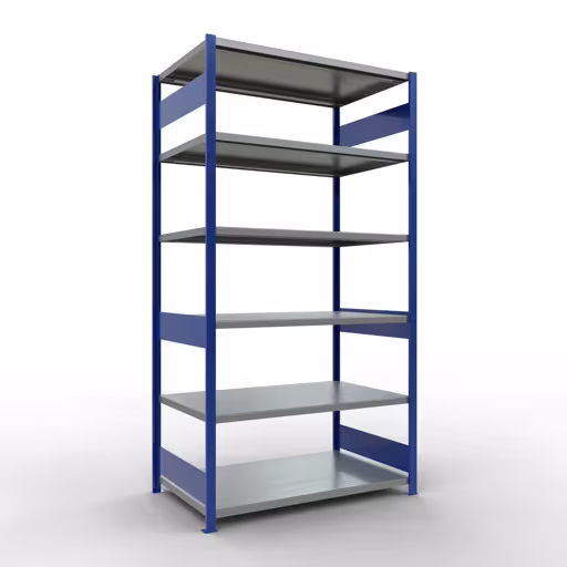 Basisplank, legplank, insteeksysteem MULTIplus250, 2500 x 1300 x 800 mm (HxBxD), 6 legborden, lengtestangen, RAL 5010 gentiaanblauw/verzinkt, basisplank, art.nr. 12981-130-LR-B
