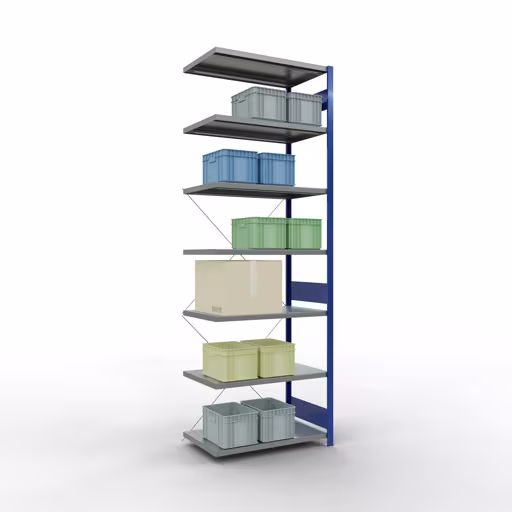 Andere weergave van het artikel Aanbouwplank, legbord, insteeksysteem MULTIplus250, 3000 x 1000 x 600 mm, 7 legborden, kruisschoor, RAL 5010 gentiaanblauw/verzinkt uit de categorie insteeksysteem