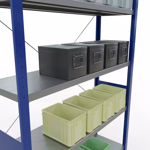 Productafbeelding nr. 14 van het artikel basisplank, legbord, insteeksysteem MULTIplus250, 3000 x 1300 x 400 mm (HxBxD), 7 legborden, kruisschoor, RAL 5010 gentiaanblauw/verzinkt Figuur nr. 14 van het artikel basisrek, legplank, insteeksysteem MULTIplus250, 3000 x 1300 x 400 mm, 7 legborden, kruisschoor, RAL 5010 gentiaanblauw/verzinkt uit de insteeksysteem productgroep van Schulte Lagertechnik.