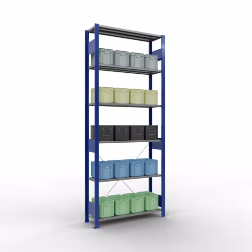 Productafbeelding nr. 16 van het artikel basisplank, legbord, insteeksysteem MULTIplus85, 2500 x 1000 x 300 mm (HxBxD), 6 legborden, kruisschoor, RAL 5010 gentiaanblauw Figuur nr. 16 van het artikel basisrek, legplank-insteeksysteem MULTIplus85, 2500 x 1000 x 300 mm, 6 legborden, RAL 5010 gentiaanblauw uit de productgroep insteeksysteem van het merk Schulte Lagertechnik.