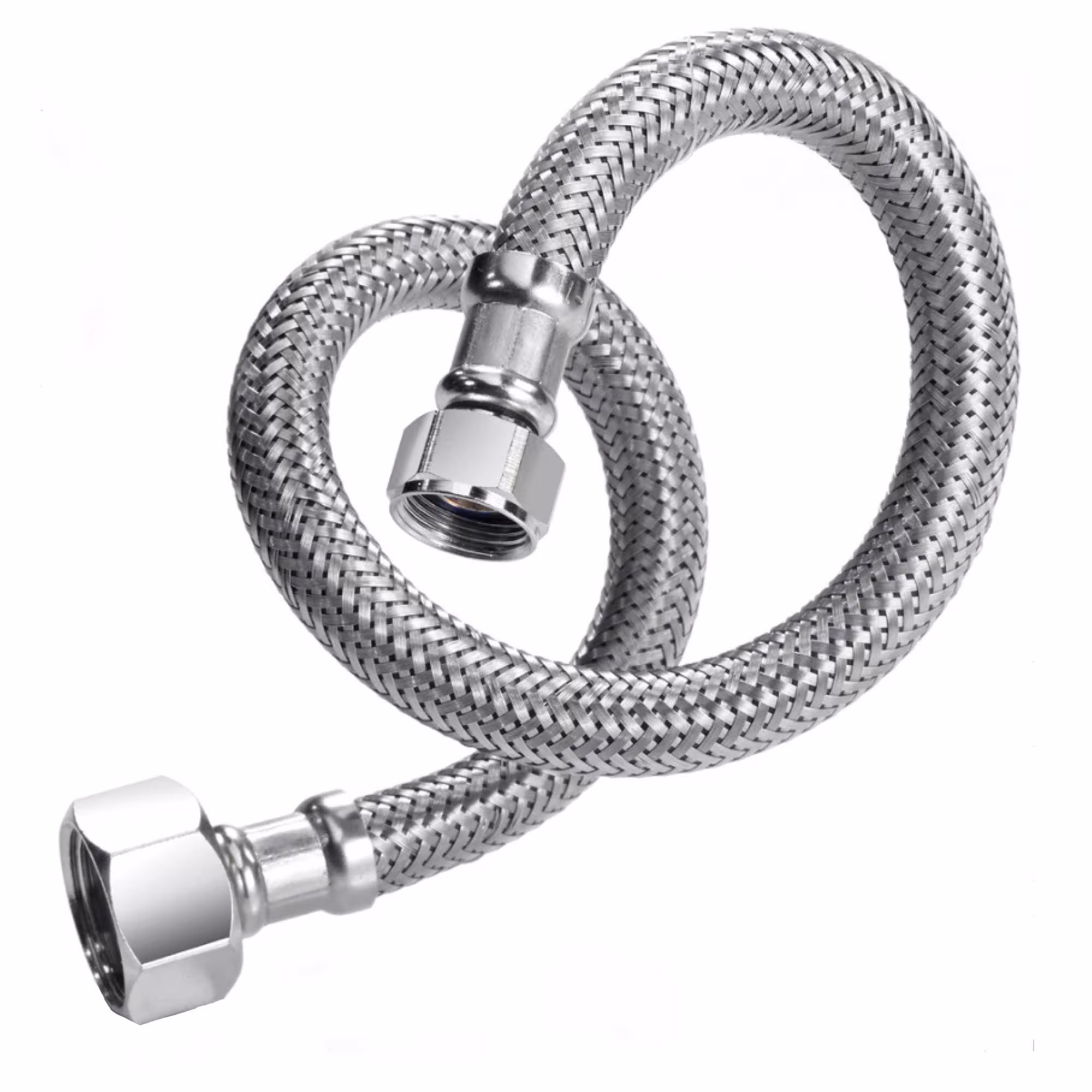 RVS/TPE fitting flexibele slang DN8 400 mm met 1/2" ID x 3/8" ID, wartelmoer IG x IG DVGW pantserslang van Tucai Flexibele slangen DN8 3/8" ID tot 1/2" ID, pantserslangen, art.nr. 202184