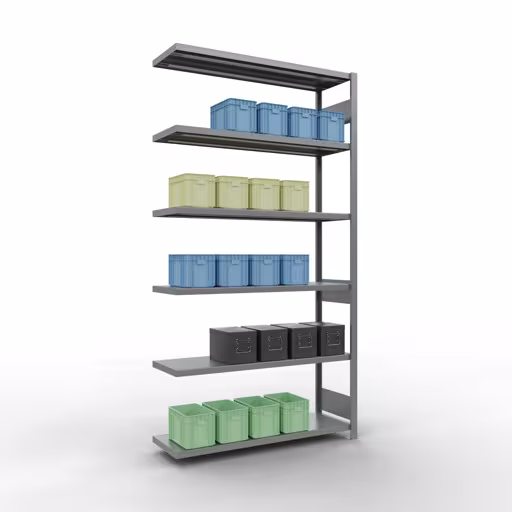 Figuur nr. 15 van het artikel aanbouwrekken, legbordstellingen, insteeksysteem MULTIplus250, 2500 x 1300 x 400 mm, 6 legborden, lengtestangen, verzinkt uit de productgroep insteeksysteem van Schulte Lagertechnik.