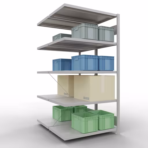 Productafbeelding nr. 14 van het artikel aanbouwplank, dubbele plank, stellingsysteem MULTIplus250, 2000 x 1000 x (2x600) mm, 2x5 planken, kruisschoor, RAL 7035 lichtgrijs uit het assortiment stellingrekken van het merk Schulte Lagertechnik