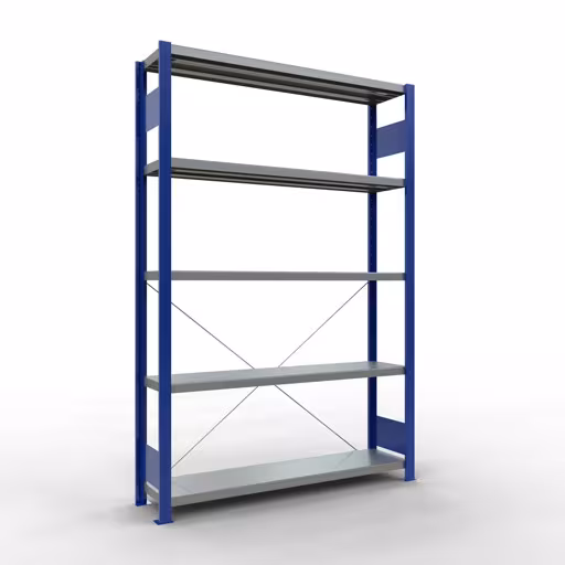 Basisplank, legplank, insteeksysteem MULTIplus250, 2000 x 1300 x 300 mm (HxBxD), 5 legborden, kruisschoor, RAL 5010 gentiaanblauw/verzinkt, basisplank, art.nr. 12930-130-B
