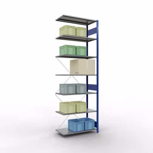 Aanbouwrekken, legbordstellingen, insteeksysteem MULTIplus150, 3000 x 1000 x 500 mm (HxBxD), 7 legborden, kruisschoor, RAL 5010/verzinkt uit de categorie aanbouwrekken met GTIN 4004514280800 Aanbouwrekken, rekken, insteeksysteem MULTIplus150, 3000 x 1000 x 500 mm, 7 legborden, RAL 5010/verzinkt van het merk Schulte Lagertechnik uit het assortiment insteeksystemen