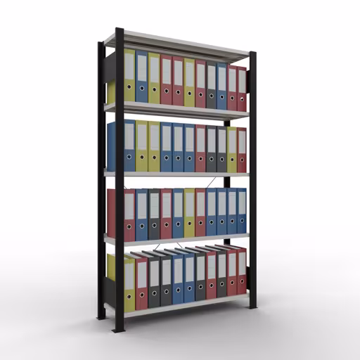 Basisstelling, kantoorstelling, insteeksysteem MULTIplus85, 1800 x 1000 x 300 mm, 5 legborden, kruisschoor, met stoplijst, zwart/lichtgrijs van Schulte Lagertechnik uit het assortiment kantoorstellingen