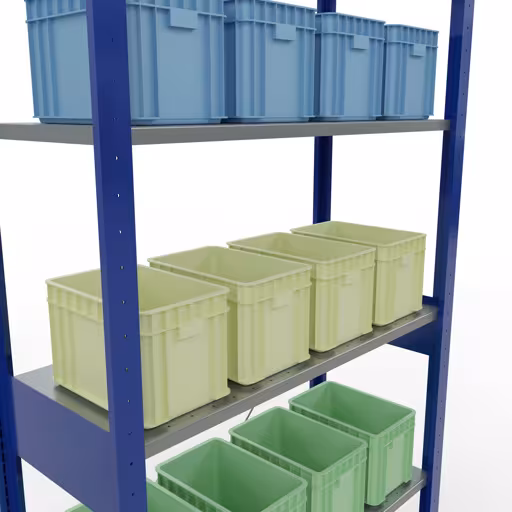 Productafbeelding nr. 16 van het artikel basisplank, legbord, insteeksysteem MULTIplus85, 2500 x 1000 x 400 mm (HxBxD), 6 legborden, kruisschoor, RAL 5010 gentiaanblauw Figuur nr. 16 van het artikel basisrek, legplank-insteeksysteem MULTIplus85, 2500 x 1000 x 400 mm, 6 legborden, RAL 5010 gentiaanblauw uit de productgroep insteeksysteem van het merk Schulte Lagertechnik.