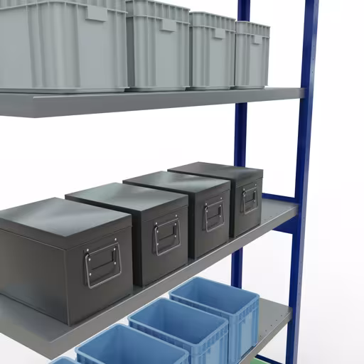 Productafbeelding nr. 15 van het artikel Aanbouwrekken, legbordstellingen, insteeksysteem MULTIplus250, 2500 x 1300 x 300 mm (HxBxD), 6 legborden, lengtestangen, RAL 5010 gentiaanblauw/verzinkt Afbeelding nr. 15 van het artikel aanbouwrekken, legbordstellingen, insteeksysteem MULTIplus250, 2500 x 1300 x 300 mm, 6 legborden, lengtestangen, RAL 5010 gentiaanblauw/verzinkt uit de productgroep insteeksysteem van Schulte Lagertechnik.