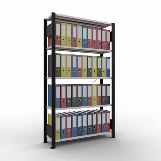 Basisplank, kantoorrek, insteeksysteem MULTIplus85, 1800 x 1000 x 300 mm, 5 planken, kruisschoor, zonder aanslaglijst, zwart/lichtgrijs van Schulte Lagertechnik met het artikelnr. 36019-S