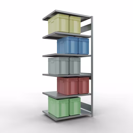 Figuur nr. 12 van het artikel aanbouwrekken, legbordstellingen, insteeksysteem MULTIplus330, 2500 x 1000 x 800 mm, 6 legborden, lengtestangen, verzinkt uit de insteeksysteem productgroep van Schulte Lagertechnik.