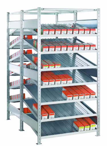 Basisplank, dubbele kanbanplank MULTIplus150, 2000 x 1000 x 2x600 mm (HxBxD), verzinkt, 2x(7+1) planken, met verdelers en zijgeleiders, kanbanplanken, art.nr. 21760