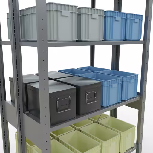 Productafbeelding nr. 14 van het artikel basisplank, dubbele plank, stellingplank insteeksysteem MULTIplus150, 2500 x 1000 x (2x300) mm (HxBxD), 2x6 planken, kruisschoor, verzinkt Afbeelding nr. 14 van het artikel basisrek, dubbel legbord, legbordinsteeksysteem MULTIplus150, 2500 x 1000 x (2x300) mm, 2x6 legborden, kruisschoor, verzinkt uit de productgroep legbordstellingen van Schulte Lagertechnik