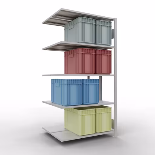 Aanbouwrekken, dubbele rekken, stellingsysteem MULTIplus150, 2000 x 1000 x (2x400) mm (HxBxD), 2x5 planken, lengtestangen, RAL 7035 lichtgrijs met de GTIN 4004514269935 Aanbouwplank, dubbele plank, plankplank, insteeksysteem MULTIplus150, 2000 x 1000 x (2x400) mm, 2x5 planken, RAL 7035 lichtgrijs van Schulte Lagertechnik met artikelnr. 33145