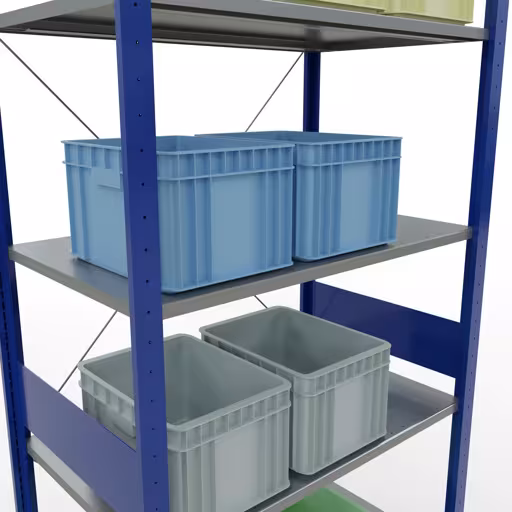 Productafbeelding nr. 15 van het artikel basisplank, legbord, insteeksysteem MULTIplus85, 3000 x 1000 x 600 mm (HxBxD), 7 legborden, kruisschoor, RAL 5010 gentiaanblauw Figuur nr. 15 van het artikel basisrek, legplank-insteeksysteem MULTIplus85, 3000 x 1000 x 600 mm, 7 legborden, RAL 5010 gentiaanblauw uit de productgroep insteeksysteem van het merk Schulte Lagertechnik.