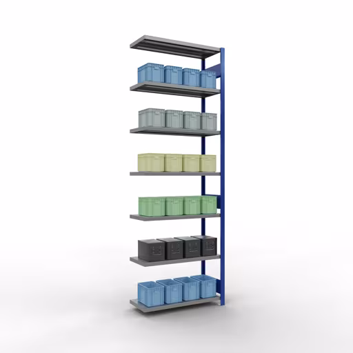 Afbeelding nr. 9 van het artikel aanbouwrekken, legbordstellingen, insteeksysteem MULTIplus330, 3000 x 1000 x 400 mm, 7 legborden, lengtestangen, RAL 5010 gentiaanblauw/verzinkt uit de productgroep insteeksysteem van het merk Schulte Lagertechnik.