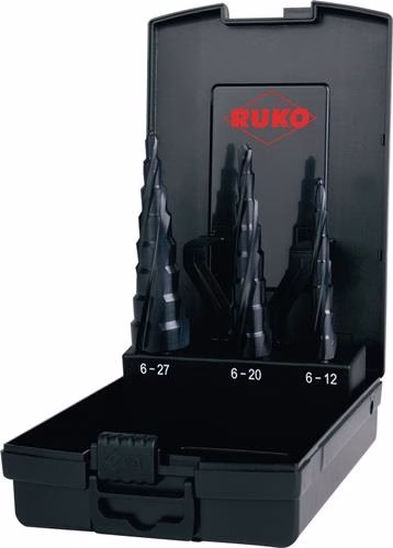 Trapboorset ULTIMATECUT diameter 6-12/6-20/6-27mm HSS spiraalgroef 3-delige kunststof koffer RUKO uit de categorie trapboren met artikelnummer 4000865221