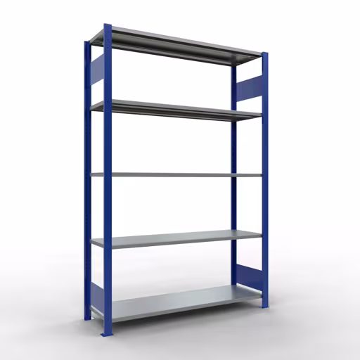 Basisplank, legplank, insteeksysteem MULTIplus150, 2000 x 1300 x 400 mm (HxBxD), 5 legborden, lengtestang, RAL 5010 gentiaanblauw/verzinkt, basisplank, art.nr. 12740-130-LR-B