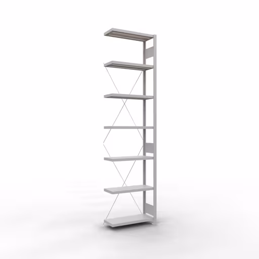 Aanbouwrekken, rekken, insteeksysteem MULTIplus250, 3000 x 750 x 300 mm (HxBxD), 7 planken, kruisschoor, RAL 7035 lichtgrijs van Schulte Lagertechnik Aanbouwrekken, legborden, insteeksysteem MULTIplus250, 3000 x 750 x 300 mm (HxBxD), 7 legborden, kruisschoor, RAL 7035 lichtgrijs, aanbouwplank, art.nr. 32837-75