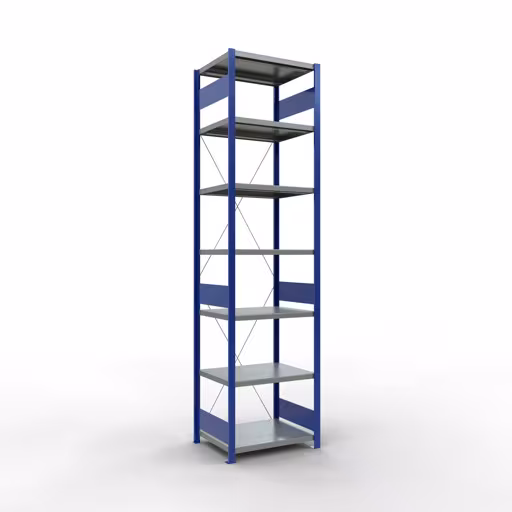 Basisplank, legplank, insteeksysteem MULTIplus250, 3000 x 750 x 600 mm (HxBxD), 7 legborden, kruisschoor, RAL 5010 gentiaanblauw/verzinkt/verzinkt, basisplank, art.nr. 12962-75-B