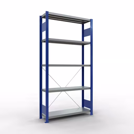 Figuur nr. 14 van het artikel basisrek, legbord, insteeksysteem MULTIplus330, 2000 x 1000 x 300 mm, 5 legborden, kruisschoor, RAL 5010 gentiaanblauw/verzinkt uit de insteeksysteem productgroep van Schulte Lagertechnik.