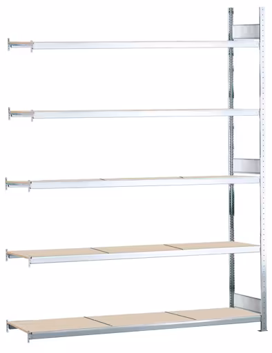 Aanbouwstellingen, breedvakstellingen WS 2000 met spaanplaat, 3000 x 2250 x 800 mm (HxBxD), verzinkt, 5 niveaus, vakbelasting 400 kg, vakbelasting 2.000 kg van Schulte Lagertechnik Aanbouwstelling, breedvakstelling WS 2000 met spaanplaat, 3000 x 2250 x 800 mm (HxBxD), verzinkt, 5 niveaus, vakbelasting 400 kg, vakbelasting 2.000 kg, WS2000, art.nr. 15777