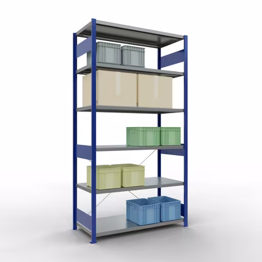Basisplank, legplank, insteeksysteem MULTIplus250, 2500 x 1300 x 600 mm (HxBxD), 6 legborden, kruisschoor, RAL 5010 gentiaanblauw/verzinkt uit de categorie basisplanken met de GTIN 4004514251756 Basisplank, legbord, insteeksysteem MULTIplus250, 2500 x 1300 x 600 mm, 6 legborden, kruisschoor, RAL 5010 gentiaanblauw/verzinkt van Schulte Lagertechnik uit het assortiment insteeksysteem