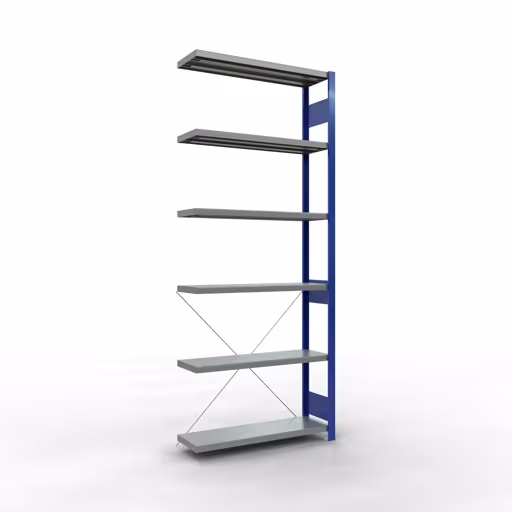 Aanbouwrekken, rekken, insteeksysteem MULTIplus250, 2500 x 1000 x 300 mm, 6 legborden, kruisschoor, RAL 5010 gentiaanblauw/verzinkt van Schulte Lagertechnik uit de categorie insteeksystemen
