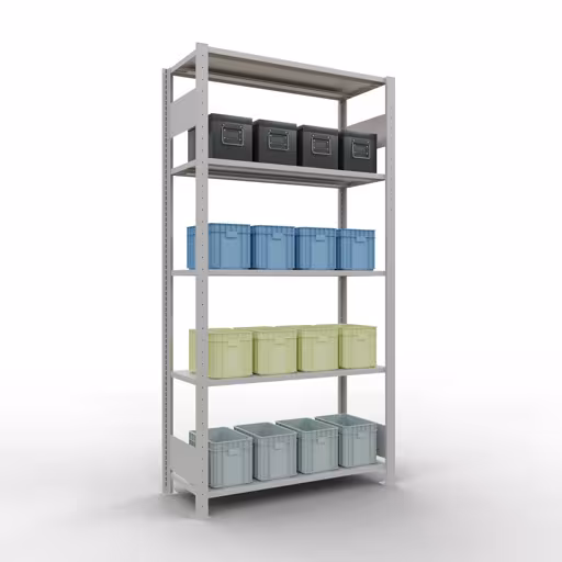 Basisplank, legbord, insteeksysteem MULTIplus150, 2000 x 1000 x 400 mm (HxBxD), 5 legborden, lengtestangen, RAL 7035 lichtgrijs met artikelnr. 32640-LR Basisplank, legbord, insteeksysteem MULTIplus150, 2000 x 1000 x 400 mm, 5 planken, RAL 7035 lichtgrijs van Schulte Lagertechnik uit de categorie insteeksysteem