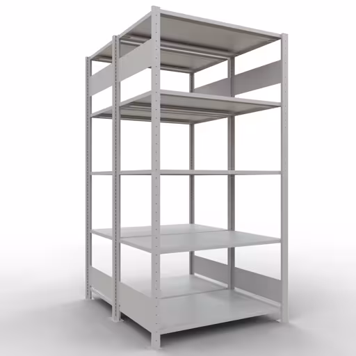 Basisplank, dubbele plank, stellingsysteem MULTIplus150, 2000 x 1000 x (2x600) mm (HxBxD), 2x5 planken, lengtestangen, RAL 7035 lichtgrijs van Schulte Lagertechnik Basisplank, dubbele plank, stellingsysteem MULTIplus150, 2000 x 1000 x (2x600) mm (HxBxD), 2x5 planken, lengtestangen, RAL 7035 lichtgrijs, dubbele planken, art.nr. 33160