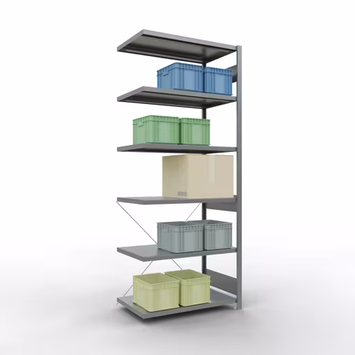 Aanbouwrekken, rekken, insteeksysteem MULTIplus250, 2500 x 1000 x 600 mm (HxBxD), 6 legborden, kruisschoor, verzinkt uit de categorie aanbouwrekken met de GTIN 4004514203021 Aanbouwrekken, rekken, insteeksysteem MULTIplus250, 2500 x 1000 x 600 mm, 6 legborden, kruisschoor, verzinkt van Schulte Lagertechnik uit het assortiment insteeksysteem