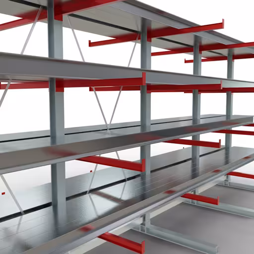 Productafbeelding nr. 10 van artikel K 6000 compleet legbord, dubbelzijdig, 3000 x 6000 x 2x 1000 mm, RAL 7001 / RAL 3000, 5 opslagniveaus Afbeelding nr. 10 van artikel K 6000 complete stelling, dubbelzijdig, 3000 x 6000 x 2x 1000 mm, RAL 7001 / RAL 3000, 5 opslagniveaus uit de productgroep draagarmstellingen van Schulte Lagertechnik