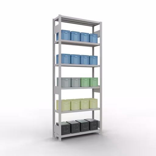 Productafbeelding nr. 15 van het artikel basisplank, legbord, insteeksysteem MULTIplus330, 2500 x 1000 x 300 mm (HxBxD), 6 legborden, lengtestangen, RAL 7035 lichtgrijs Figuur nr. 15 van het artikel basisplank, legbord, insteeksysteem MULTIplus330, 2500 x 1000 x 300 mm, 6 legborden, lengtestangen, RAL 7035 lichtgrijs uit de productgroep insteeksysteem van Schulte Lagertechnik.