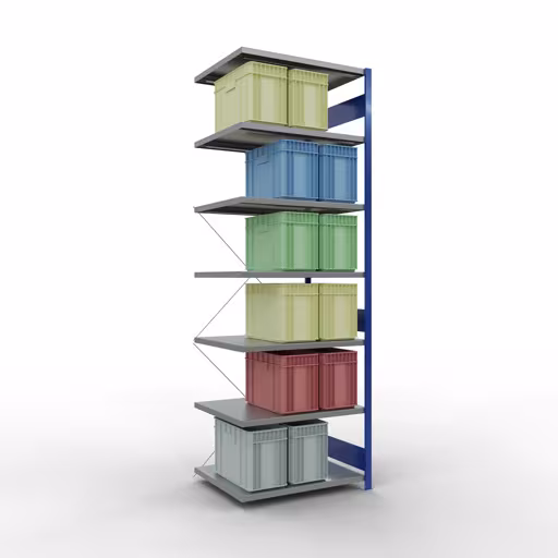 Aanbouwrekken, rekken, insteeksysteem MULTIplus330, 3000 x 1000 x 800 mm (HxBxD), 7 legborden, kruisschoor, RAL 5010 gentiaanblauw/gegalvaniseerd van het merk Schulte Lagertechnik uit het assortiment insteeksystemen