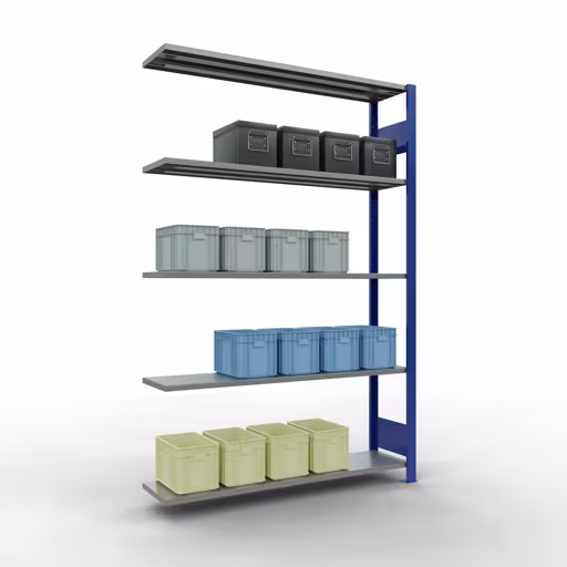 Aanbouwrekken, legborden, insteeksysteem MULTIplus150, 2000 x 1300 x 300 mm (HxBxD), 5 legborden, lengtestangen, RAL 5010 gentiaanblauw/verzinkt met de GTIN 4004514279682 Aanbouwrekken, legbordstellingen, insteeksysteem MULTIplus150, 2000 x 1300 x 300 mm, 5 legborden, RAL 5010 gentiaanblauw/verzinkt van Schulte Lagertechnik met artikelnr. 12735-130-LR-B